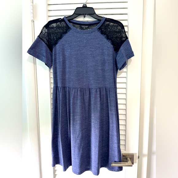 Topshop Blue Midi Dress with Black Lace Detail - Picture 1 of 4